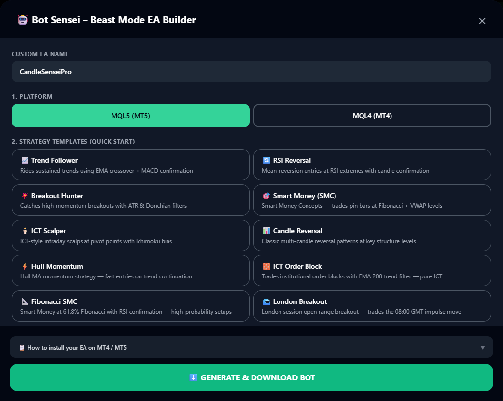 EA Bot Builder — strategy templates and one-click MT4/MT5 export