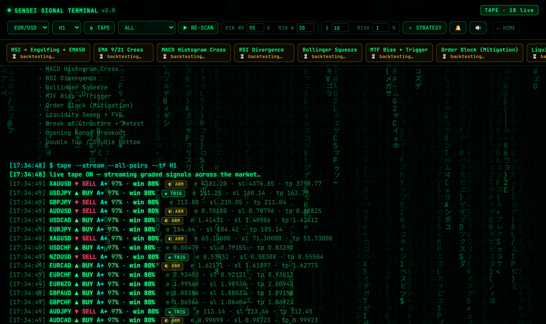 Signal Terminal — live multi-pair tape with graded signals and win-probability